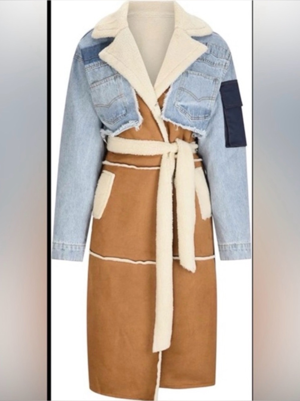 🌸 NEW Mixed-Media Tan Shearling Trench with Light Blue Denim Jacket